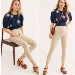 Free People Frankie High Waist Tan Stripe Skinny Pants Stretch Tailored Trousers